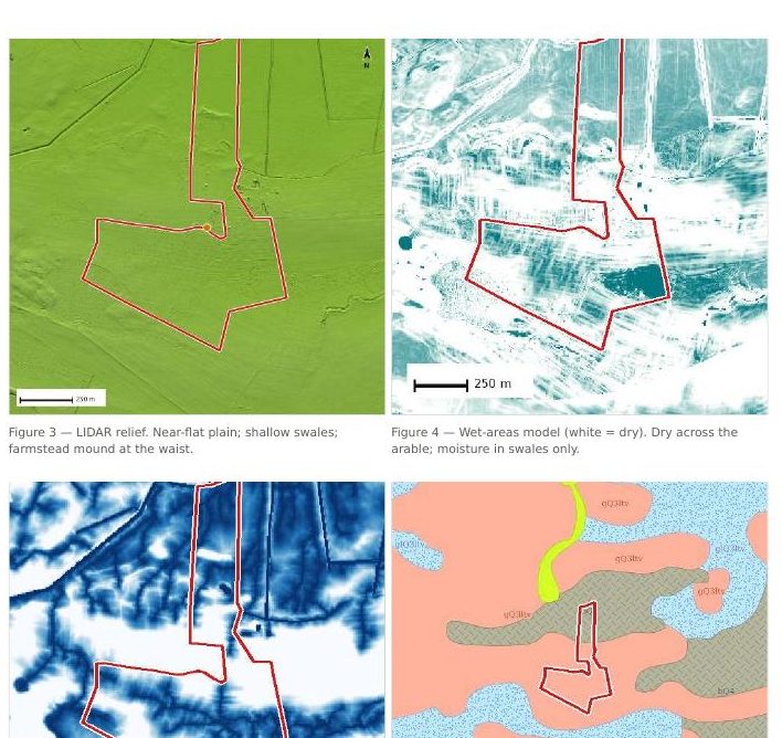 LIDAR relief, wet areas, depth to water and geology panels with site boundary
